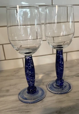 Denby Wine Water Goblet Hand Blown Glass Blue Spotted Stem Swirled Base Set Of 2 - Image 1 of 4