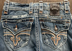 Mens Rock Revival Paint Splattered Destroyed "PAUL" Straight Flap Jeans 31x31 - Picture 1 of 14