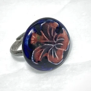 Vintage HANDARBEIT Sterlingsilber Keramik BLUME Ring Hibiskus BLAU ROSA Adj - Bild 1 von 7