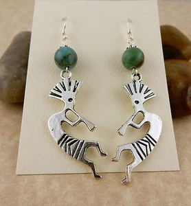 Kokopelli Southwest Earrings with Turquoise colored Chrysocolla gemstone beads - Picture 1 of 2