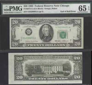 $20 1985 Fr. 2075-G End of Roll Error with Matte Green Strip PMG Gem Unc 65EPQ - Picture 1 of 1