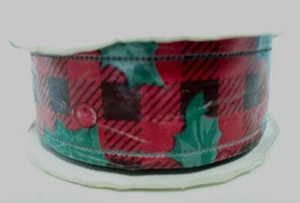 Vintage Wired Christmas Ribbon Waterproof Polypropylene Red Green Holly USA HTF - Picture 1 of 13