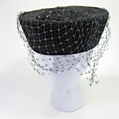 Chapéu feminino caixa pílula chapéu veludo preto com rede facial e caixa de chapéu - Imagem 1 de 4