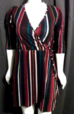 New Size 1X DEREK HEART RED, BLUE STRIPPED FAUX WRAP DRESS Chest 48" X Len 38" - Image 1 of 3