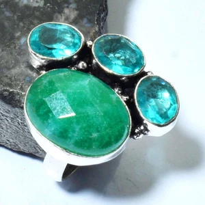 Simulated Emerald Blue Topaz Birthday Gift Ring Jewelry US Size-8.25 AR 65419 - Picture 1 of 1
