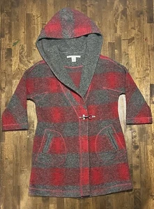 Max Studio Boiled Wool Buffalo Check Hooded Coat Size Medium Lobster Buckle Red  - Picture 1 of 8