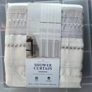 Home Classics Embroidery Shimmer White/Silver/Gray Fabric Shower Curtain - Picture 1 of 3