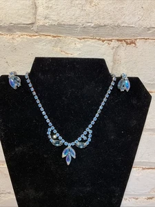 VTG Regency Leaf Molded Glass AB Iridescent Necklace Earrings  Topaz Rhinestone - Picture 1 of 14