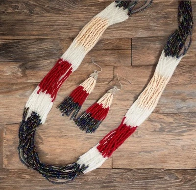 Многоцветный длинный семена бусина ожерелье и серьги комплект в красный. Белый синий зеленый новый - Изображение 1 из 4