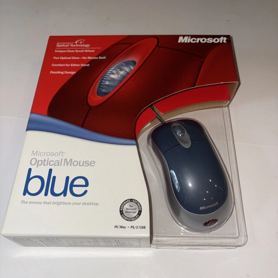 NIB! Microsoft Optical Mouse Blue USB PS2 Compatible with Wheel K81-00004 - Image 1 of 4