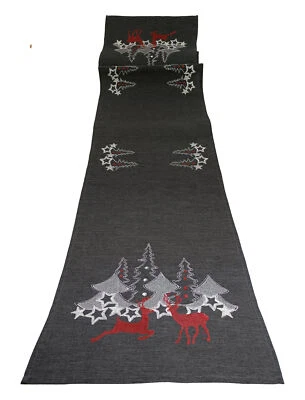 Weihnachten Tischläufer Anthrazit Stickerei Hirsch Weihnachtsdeko Leinenoptik - Bild 1 von 4