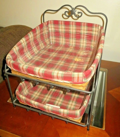 LONGABERGER WROUGHT IRON PAPER TRAY STAND, BASKETS, orchard park plaid liners ++ Cover