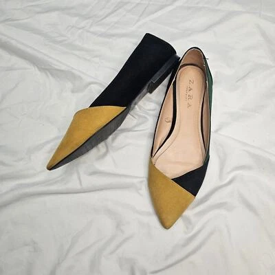 Zara Gamuza Colorblock Amarillo Negro Verde Punta Plana Talla 36 Foto 1 de 4