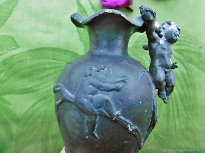 VASE ANCIEN ÉTAIN DÉCORATIF ANGELOTS ART NOUVEAU XIX ÈME SIÈCLE FRANCE DÉCO  - Photo 1/4