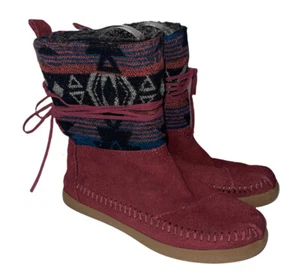 Toms Jacquard Nepal Wildleder Stiefel Größe 5 weinrot Spitze um Knöchel - Bild 1 von 8