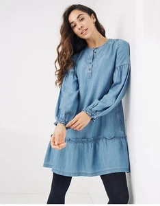 Fat Face Women's Long Sleeve Denim Dress in Blue 14 New Swing Flair NWT - Picture 1 of 8
