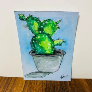 ACEO Original Cactus Painting Potted Plant Cute Art Acrylic Card Unframed NEW - Picture 1 of 7