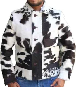 Men’s New Genuine Cowhide Leather Jacket Natural Hair-On Cow Skin Stylish Coat - Picture 1 of 8