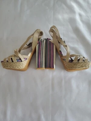Vtg. Naughty Monkey Tan Leather Sandals W/Striped Block 5.5" Heels- Size 7.5 - Image 1 of 4