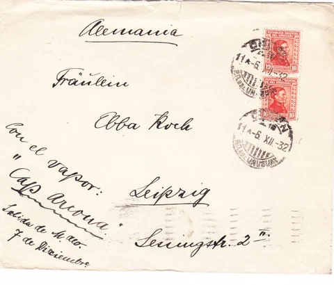 URUGUAY 1932 MARITIME COVER COLON to LEIPZIG "CON EL VAPOR  CAP ARCONA " Cover