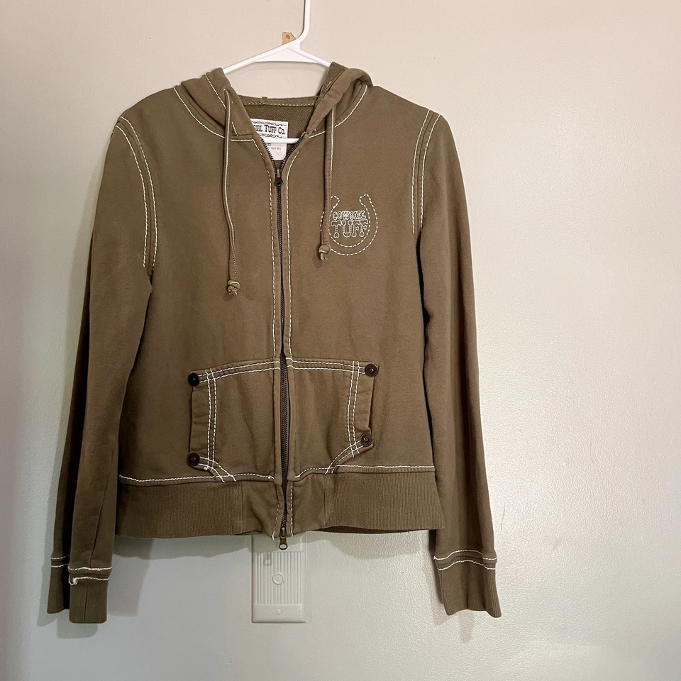 Cowgirl Tuff Hood Sweatshirt Zip Up Women Large Green Western Grunge Embroidered - Image 1 of 4