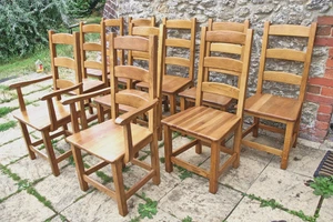 Set of 10 Fantastic Rustic French Oak Ladder Back Oak Seat Farmhouse Chairs - Picture 1 of 24