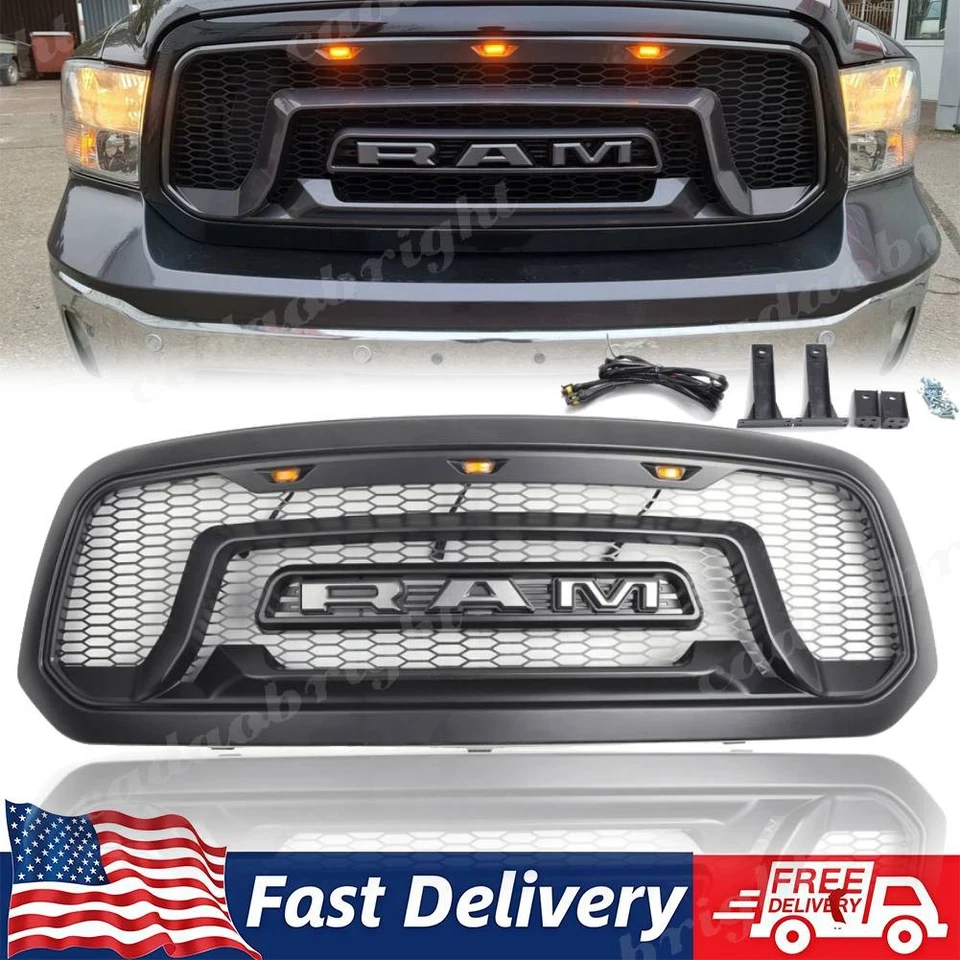 Grill for 2013-2018 Dodge Ram 1500 Front Grille Upper Bumper Mesh + Letters LED Foto 1 de 4