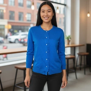 Suéter Lands End para mujer talla M azul cárdigan con volantes delanteros abotonados - Imagen 1 de 3