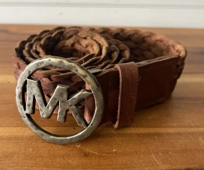 Michael Kors Belt Size M Brown Braided Genuine Leather Gold Logo Buckle - Image 1 of 4