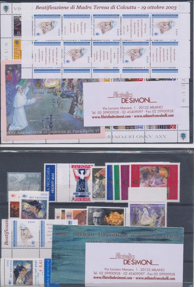 2003 Vatican, Complete Year, 21 Values + 3 Sheets + 1 Booklet - MNH ** - Image 1 of 1