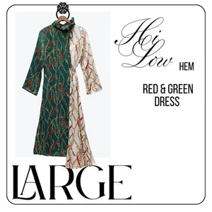 Colorblock Chain Print Dress Womens Large Green Red Hi Low Hem Long Sleeve Midi - Picture 1 of 4