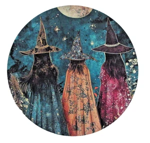 Three Witches Wall Art Round Canvas Glitter Moon Print 40cm Boho Gothic Decor - Picture 1 of 11