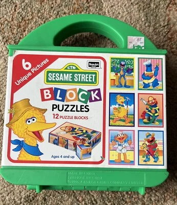1996 Sesame Street 12 Puzzle Blocks Elmo Cookie Big Bird Grover Ernie Zoe +Case - Image 1 of 4