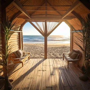 Digital ART Image cozy beach hut with large open windows overlooking the ocean - Picture 1 of 3