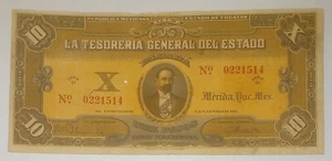 Mexiko 1916 Revolution La Tesoreria General Del Estado Yucatan 10 Pesos Banknote - Bild 1 von 8
