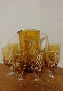 Vintage handbemalter Blumen Braunglas Krug 6 Gläser Unikat - Bild 1 von 5