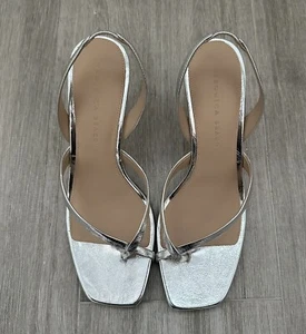 Veronica Beard Merrit Slingback Sandals Silver Leather Strappy Square Toe Sz 9.5 - Picture 1 of 15