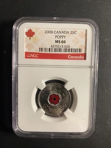 2008 CANADA 25 CENT NGC MS66 UNCIRCULATED QUARTER WITH COLORIZED POPPY - Picture 1 of 2