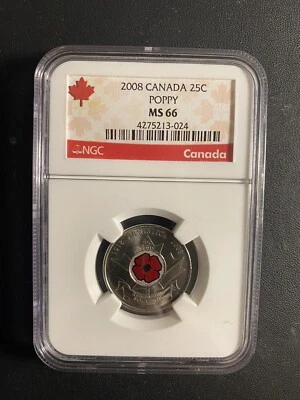 2008 CANADA 25 CENT NGC MS66 UNCIRCULATED QUARTER WITH COLORIZED POPPY - Image 1 of 2