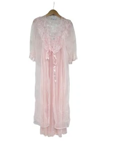 Vintage 2 Stück Lorraine Peignoir Set lang rosa Nylon Nachthemd Morgenmantel Dessous M - Bild 1 von 18