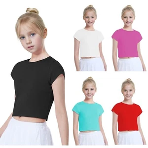 Girls Crop Top Kids Cotton Short Sleeves Stretchy Dancewear Summer Basic T-Shir - Picture 1 of 9