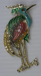 VINTAGE EGRET, HERON, BIRD FIGURAL BROOCH w ENAMEL, RHINESTONES - Picture 1 of 2