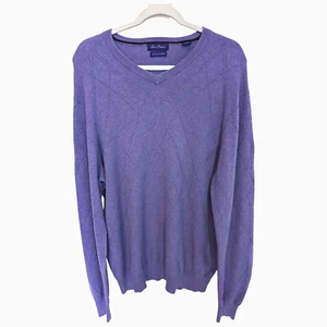 Alan Flusser Cotton Cashmere V Neck Sweater Solid Purple Argyle Men’s Large - Picture 1 of 8