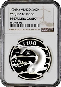 Mexico 100 pesos 1992, NGC PF67 UC, "Vaquita (Phocoena sinus)" silver coin - Picture 1 of 2