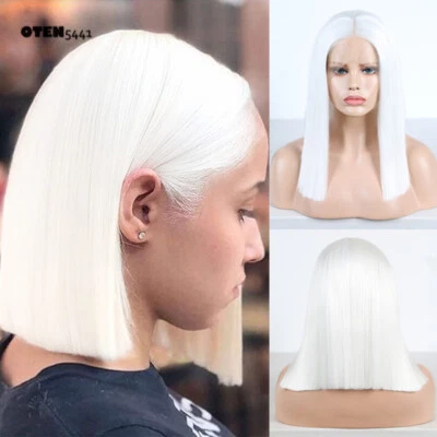Pelucas de fibra resistentes al calor delanteras de encaje blanco recto Bob de longitud media para mujer Foto 1 de 4