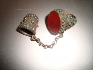 antique silver Turkoman Sewing Ring, carnelian with thimble 52 grams, turquoise - Picture 1 of 3