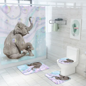 Elephant Bubble Shower Curtain Bathroom Carpet Bath Mat Toilet Seat Lid Cover - Picture 1 of 17