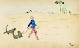 Edouard T. Vieux, French Officer in North Africa with Crocodile – c.1890 drawing - Picture 1 of 3