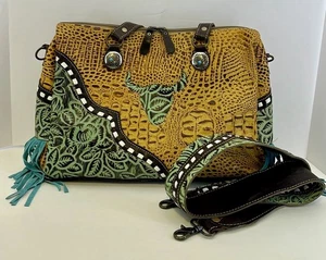 Myra Yellow, Turquoise & Brown Embossed Leather Fringed Western Style Tote Bag - Picture 1 of 19