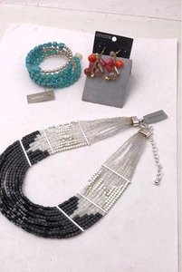 NWT Chico's Multi-Tone 0.40lbs 3pc Simulated Bead Bracelet Necklace Earrings - Picture 1 of 5